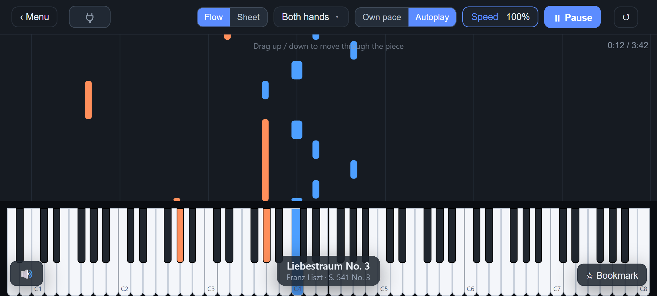 PianoFlow's Flow view: notes fall onto an 88-key keyboard, colored by hand, during Liszt's Liebestraum No. 3