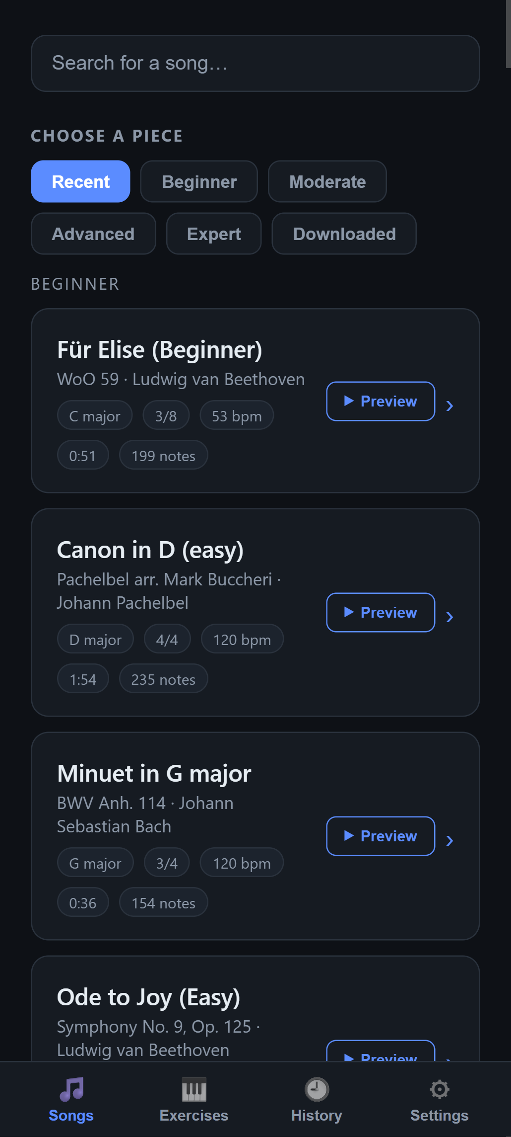 PianoFlow's song library sorted by difficulty, with Für Elise, Canon in D and Minuet in G