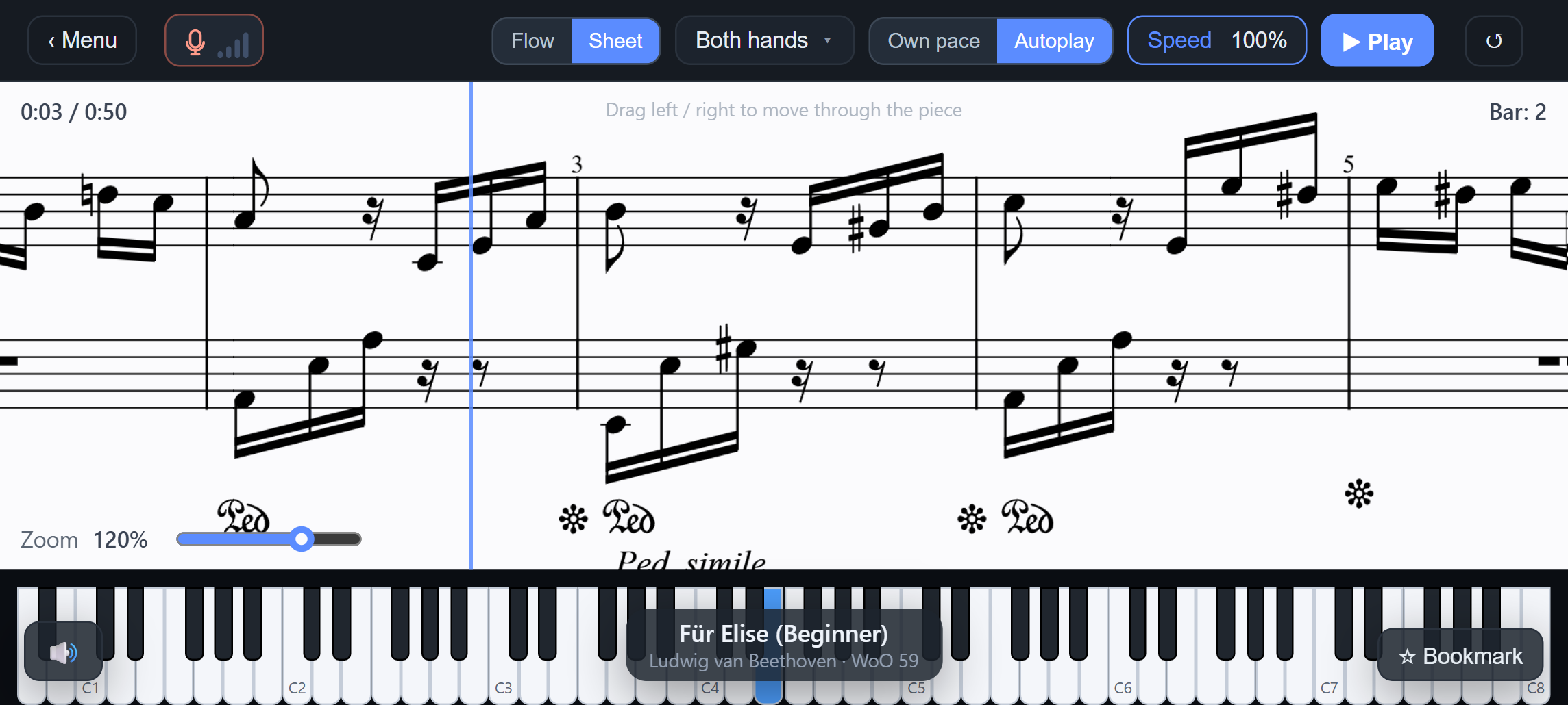 PianoFlow's Sheet view showing Beethoven's Für Elise with a playback cursor above the keyboard